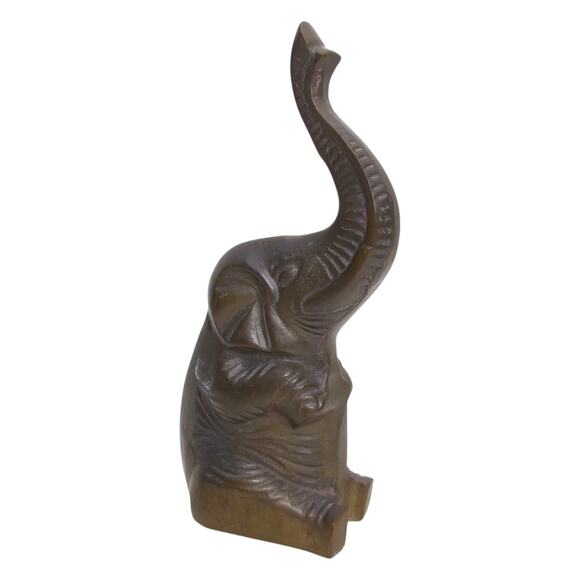 Sold Brass Elephant Sitting Trunk Up Figurine Doorstop Decor 6.5” Tall Heavy VTG - Picture 1 of 9